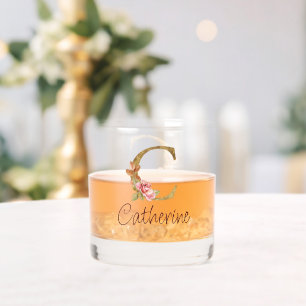 Custom Name Gold Foil Blush Pink Roses Letter C Whiskey Glass