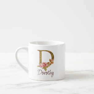 Custom Name Gold Foil Blush Pink Roses Letter D Espresso Cup