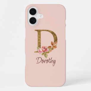 Custom Name Gold Foil Blush Pink Roses Letter D iPhone 16 Plus Case