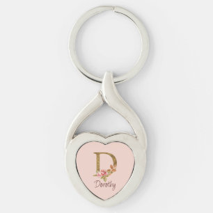 Custom Name Gold Foil Blush Pink Roses Letter D Keychain