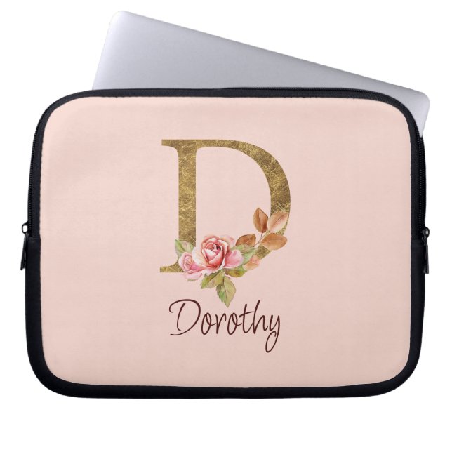 Custom Name Gold Foil Blush Pink Roses Letter D Laptop Sleeve (Front)