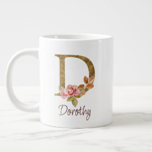 Custom Name Gold Foil Blush Pink Roses Letter D Large Coffee Mug