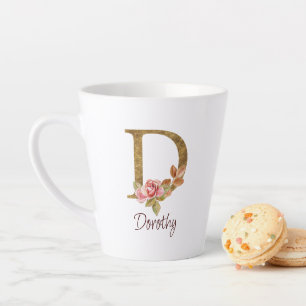 Custom Name Gold Foil Blush Pink Roses Letter D Latte Mug