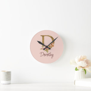 Custom Name Gold Foil Blush Pink Roses Letter D Round Clock