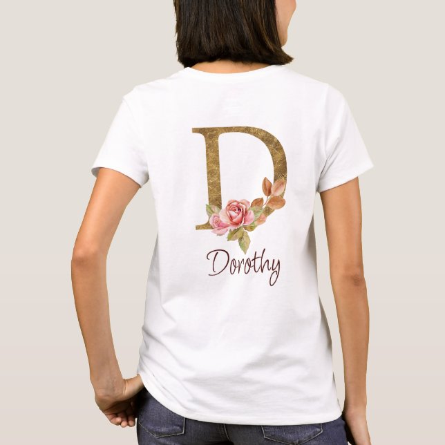Custom Name Gold Foil Blush Pink Roses Letter D T-Shirt (Back)