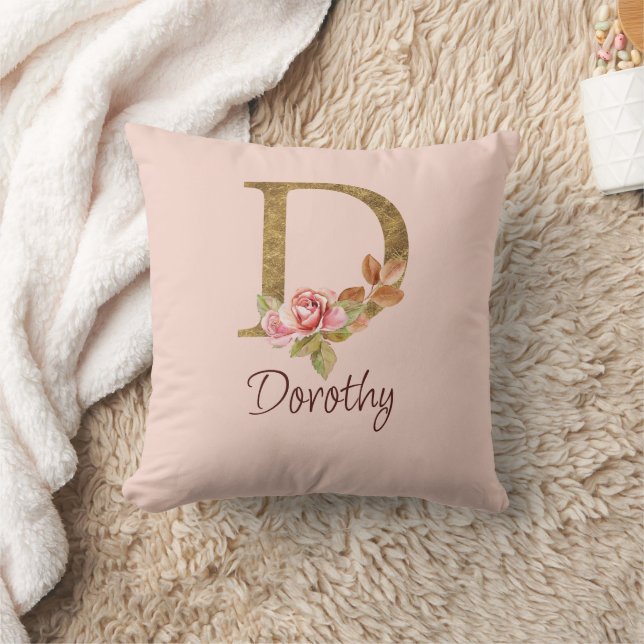 Custom Name Gold Foil Blush Pink Roses Letter D Throw Pillow (Blanket)