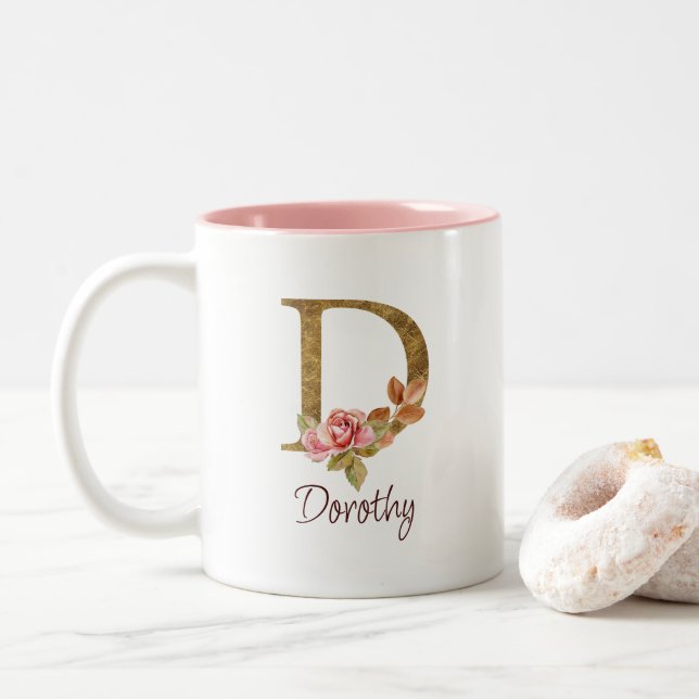 Custom Name Gold Foil Blush Pink Roses Letter D Two-Tone Coffee Mug (With Donut)