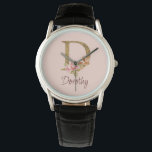 Custom Name Gold Foil Blush Pink Roses Letter D Watch<br><div class="desc">Custom Name Gold Foil Blush Pink Roses Letter D design presents an elegant floral monogram with shimmering detail—ideal for soft feminine style,  romantic touches,  and personalized name designs. Click 'Personalize' to add your name or a loved one’s.</div>