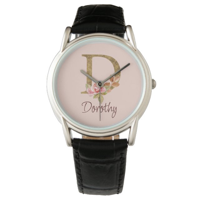 Custom Name Gold Foil Blush Pink Roses Letter D Watch (Front)