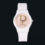 Custom Name Gold Foil Blush Pink Roses Letter D Watch<br><div class="desc">Custom Name Gold Foil Blush Pink Roses Letter D design presents an elegant floral monogram with shimmering detail—ideal for soft feminine style, romantic touches, and personalized name designs. Click 'Personalize' to add your name or a loved one’s.</div>