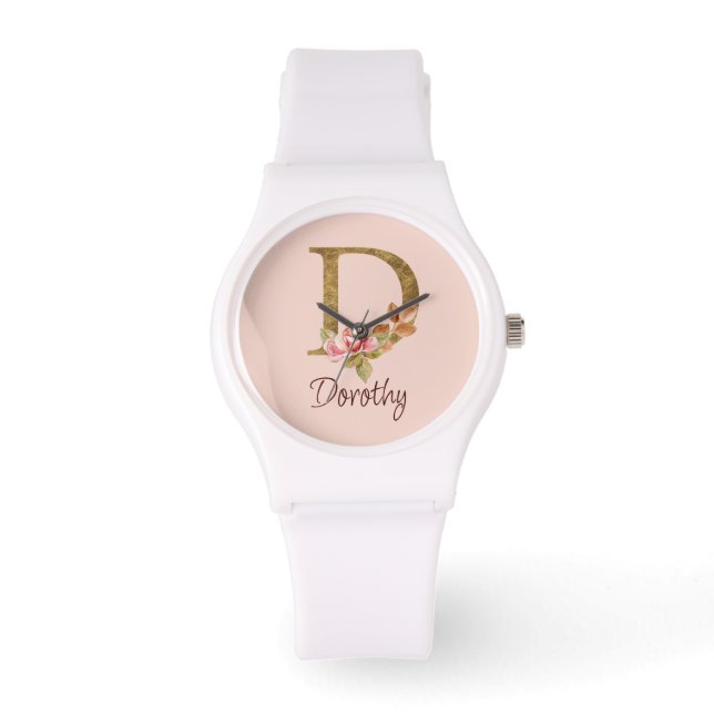 Custom Name Gold Foil Blush Pink Roses Letter D Watch (Front)