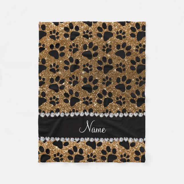 Custom name gold glitter black dog paws fleece blanket (Front)