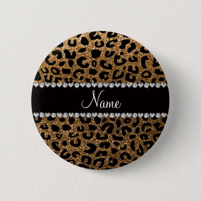 Custom name gold glitter cheetah print 2 inch round button (Front)
