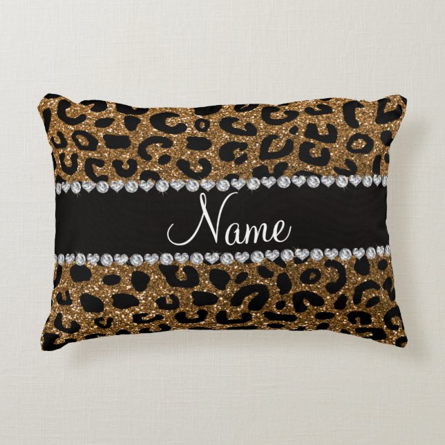 Custom name gold glitter cheetah print decorative pillow (Front)