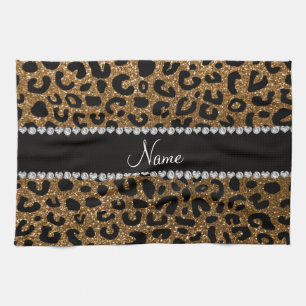 Custom name gold glitter cheetah print kitchen towel