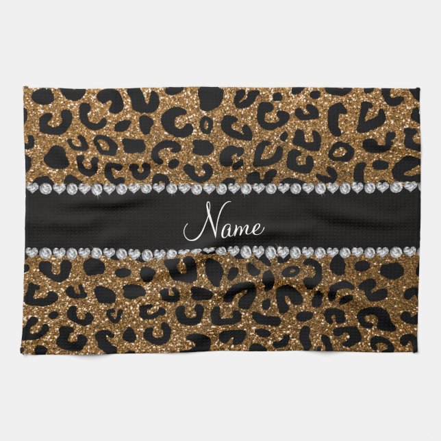 Custom name gold glitter cheetah print kitchen towel (Horizontal)