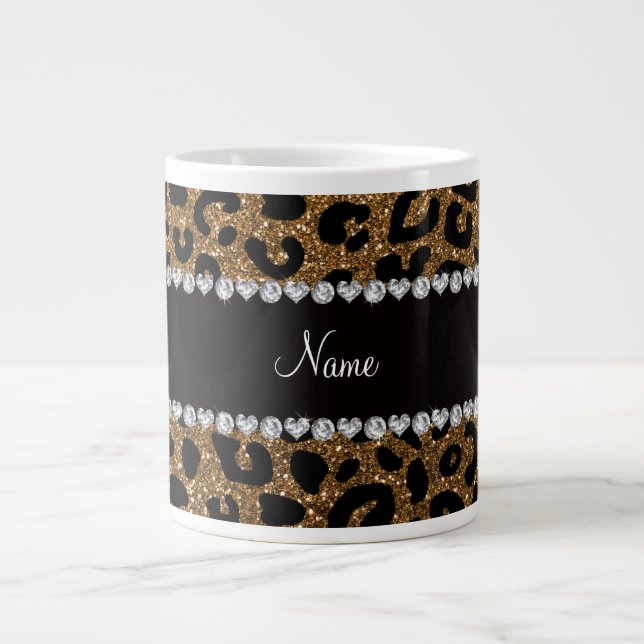 Custom name gold glitter cheetah print large coffee mug (Front)