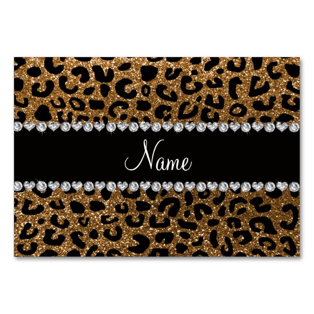 Custom name gold glitter cheetah print table number (Front)