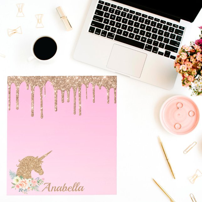Custom Name Gold Glitter Drips Floral Unicorn Notepad (Creator Uploaded)