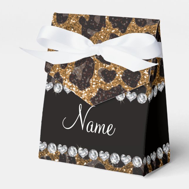 Custom name gold glitter leopard print favor box (Front Side)