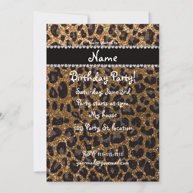 Custom name gold glitter leopard print invitation (Front)