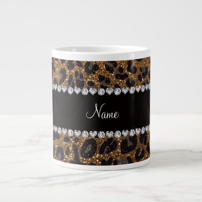Custom name gold glitter leopard print large coffee mug (Front)