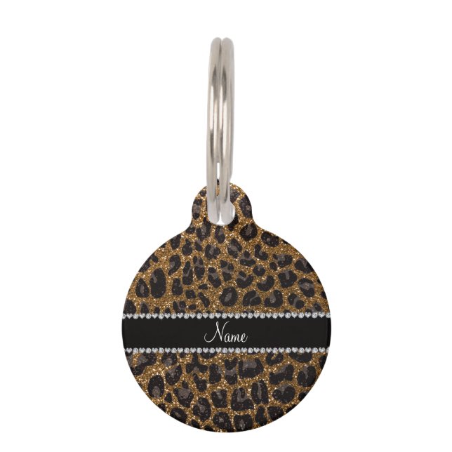 Custom name gold glitter leopard print pet tag (Front)