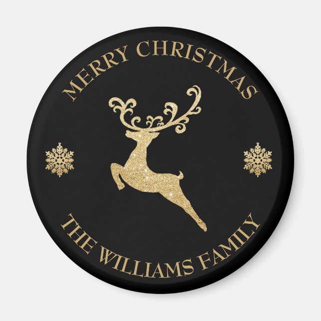 Custom Name Gold Glitter Reindeer Merry Christmas Magnet (Front)