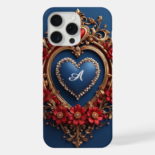 Custom name Gold Heart Frame With Pearl Bead iPhone Case (Back)