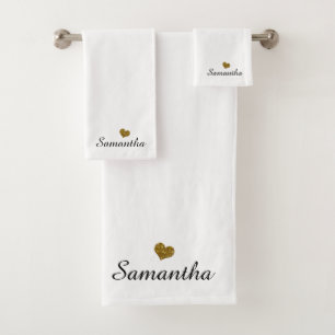Custom Name Gold Heart Personalized Black  White Bath Towel Set