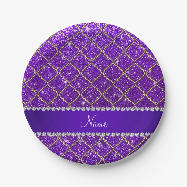Custom name gold indigo purple glitter moroccan paper plate (Front)