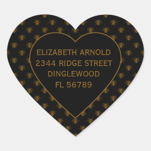 Custom Name Gold Metallic Foil Bees on Black Heart Sticker