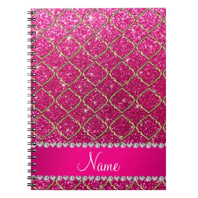 Custom name gold neon hot pink glitter moroccan notebook (Front)