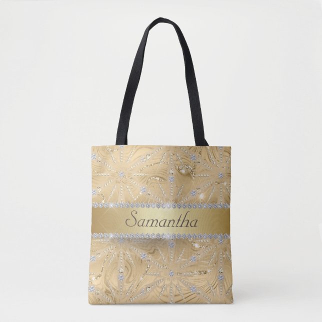Custom Name Gold Snowflake Sparkle Diamond Tote (Front)