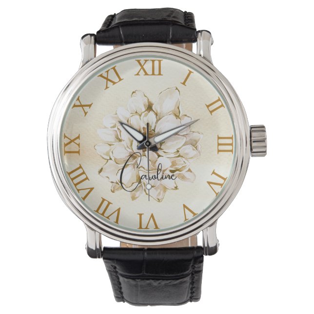 Custom name Golden brown background Floral Watch (Front)