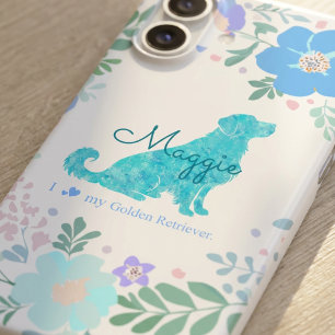 Custom Name Golden Retriever Pastel Blue Floral iPhone 16 Case