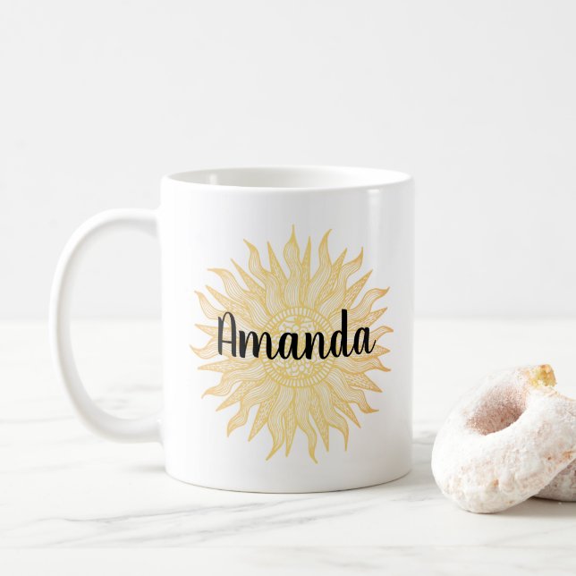 Custom Name Golden Sun Mandala Mug (With Donut)