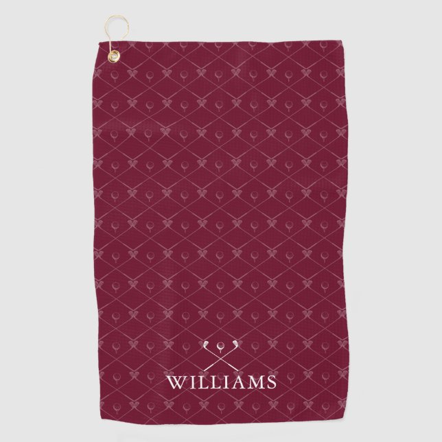 Custom Name Golf Clubs Pattern Burgundy Red Golf Towel (Front)