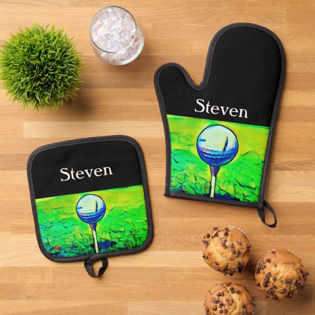 Custom Name Golf Marker Golf Ball Oven Mitt & Pot Holder Set (Top Down)