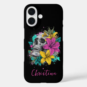 Custom Name Gothic Colourful Floral Skull  iPhone 16 Case