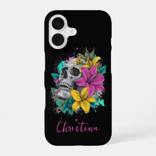 Custom Name Gothic Colourful Floral Skull  iPhone 16 Case
