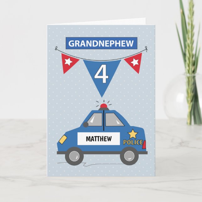 Custom Name Grandnephew 4th Birthday Blue Police Card (Front)