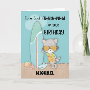 Custom Name Grandnephew Birthday Beach Raccoon Card