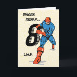 Custom Name, Grandson 8th Birthday Superhero, Liam Card<br><div class="desc">A perfect card to send your grandson on his 8th birthday. A mighty superhero carrying the number 8 is shown. You can personalize with his name to make it more special. This is a special way to bring your wishes on his special day.</div>