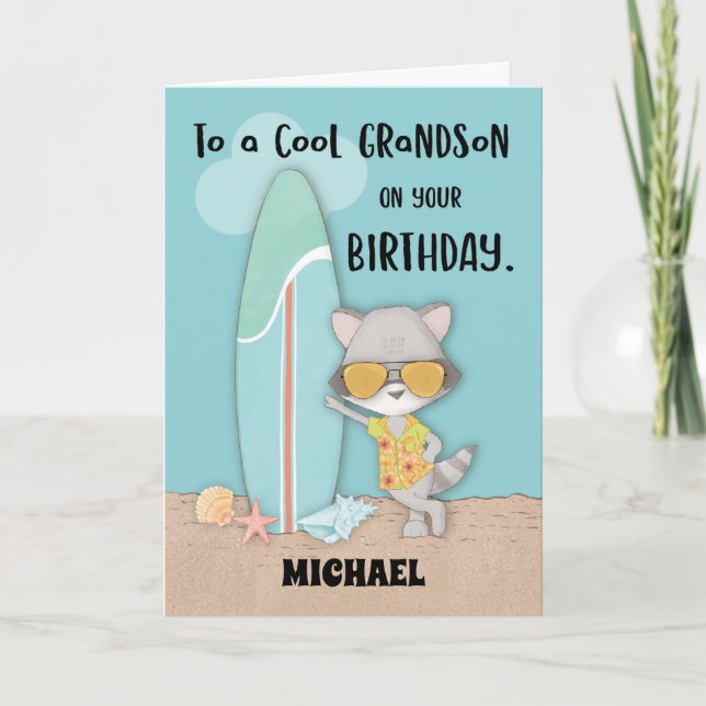 Custom Name Grandson Birthday Beach Funny Raccoon Card (Front)