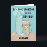 Custom Name Grandson Birthday Beach Funny Raccoon Card<br><div class="desc">What a fun card for your grandson! A raccoon is leaning against a surfboard looking very cool! He is standing in the sand,  and a few seashells surround him. Add his name for a truly personal card to celebrate his birthday!</div>