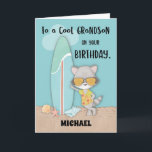 Custom Name Grandson Birthday Beach Funny Raccoon Card<br><div class="desc">What a fun card for your grandson! A raccoon is leaning against a surfboard looking very cool! He is standing in the sand,  and a few seashells surround him. Add his name for a truly personal card to celebrate his birthday!</div>