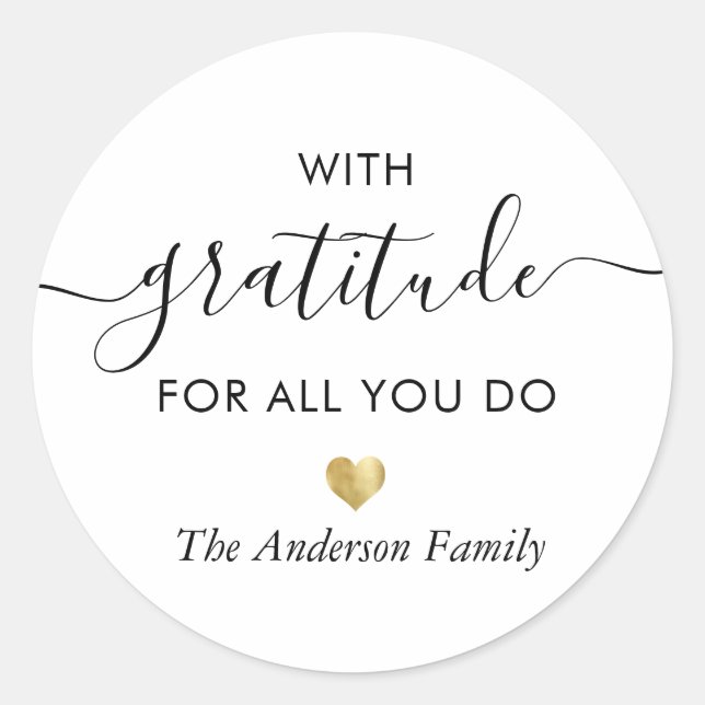 Custom Name Gratitude Modern Script Thank you Gold Classic Round Sticker (Front)
