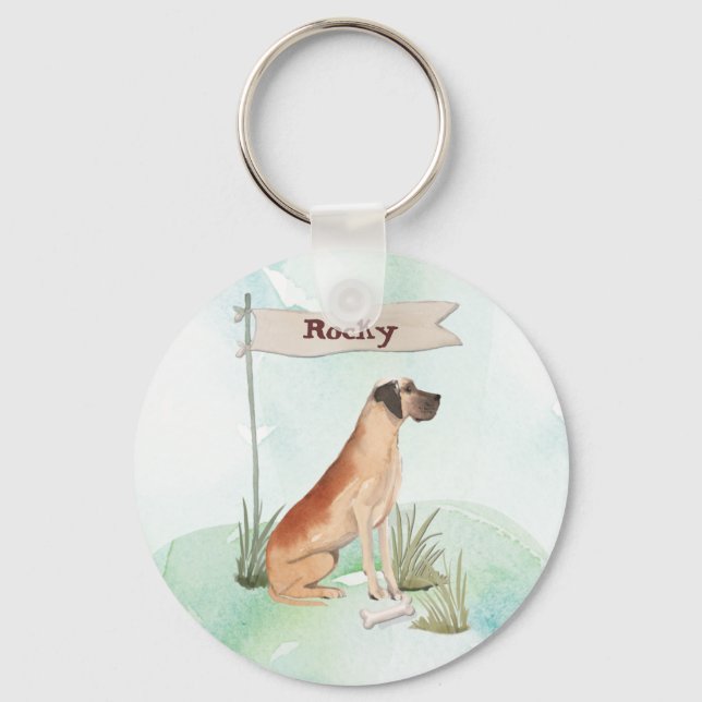 Custom Name Great Dane Pet Dog Keychain (Front)