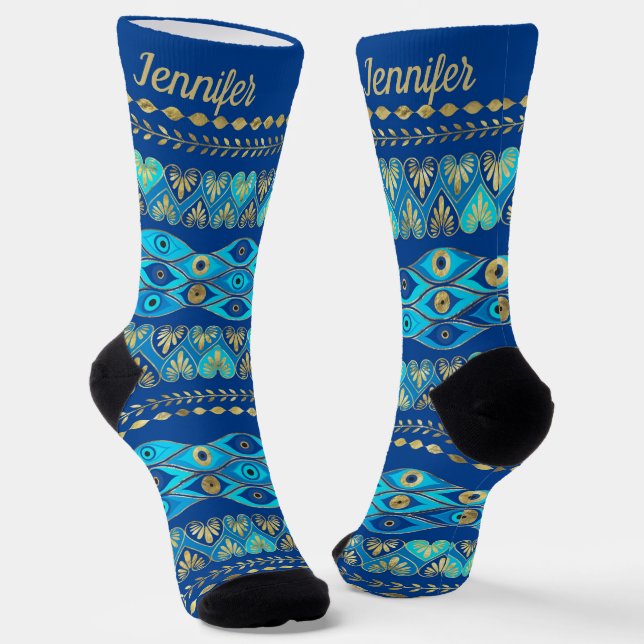 Custom name Greek Evil Eye ornament Socks (Angled)